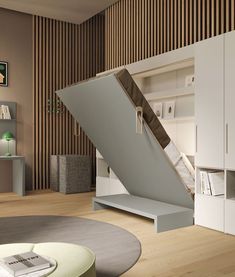 a modern living room with a slide in the center and storage space below for books