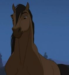 a brown horse standing in the middle of a forest at night with its head turned to the side