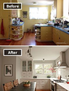 before and after pictures of a kitchen remodel with white cabinets, wood floors, and yellow walls