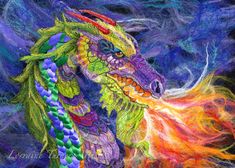 a painting of a colorful dragon with feathers