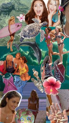 the collage has many pictures of women in bikinis and swimsuits on it