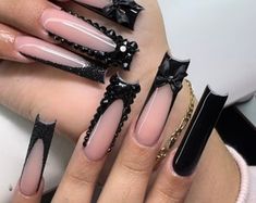 XXL Square Black Bling Nails - Etsy Y2k Long Square Nails, Xl Long Acrylic Nails Y2k, French Tip Nail Designs With Rhinestones, Black Long Acrylic Nails Square, Black French With Design, Black Long Nails Ideas, Fuerza Regida Nails, Long Black Nail Designs, Nails With Boyfriends Name