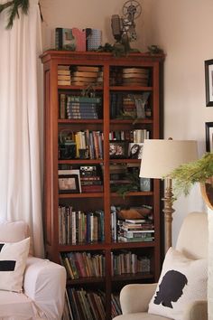 a living room filled with furniture and a book shelf next to a christmas tree in front of a window