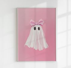 a pink and white painting with a ghost on it's face, in front of a window