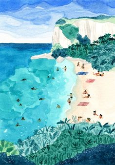 a watercolor painting of people at the beach on a sunny day with cliffs in the background