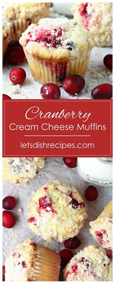 cranberry cream cheese muffins with fresh cherries on top and in the background