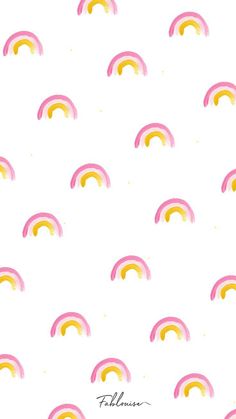 a white background with pink, yellow and green rainbows in the sky on it