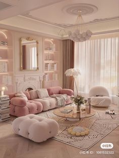 a living room filled with lots of pink furniture