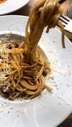 a plate with spaghetti being lifted from it