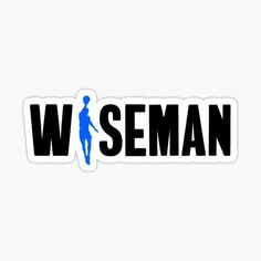 the word w seman with a silhouette of a person in blue and black sticker