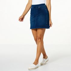 DG2 by Diane Gilman Super Stretch Knit Denim Skort  This is not your old (hmm ... frumpy) 90's skort. An updated wardrobe essential, style this flatteringly fitted skort with a bodysuit, blazer, and heels for a sophisticated and stylish dinner date outfit, or wear it with a graphic tee, denim jacket, and sneakers for a more casual weekend look. Casual Stretch Denim Skirt In Denim Blue, Casual Stretch Denim Skirt, Casual High Rise Stretch Denim Skirt, Casual Fitted Denim Blue Jean Shorts, Casual Stretch Denim Skirt In Medium Wash, Casual Stretch Medium Wash Denim Skirt, Casual Mid-rise Stretch Denim Skirt, Casual Stretch Denim Skirt Mid-rise, Stretch Medium Wash Denim Skirt