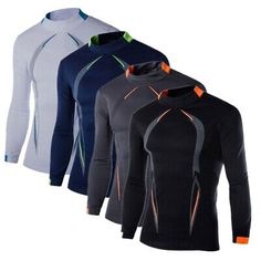 three men's long - sleeved shirts with neon details on the chest and sleeves