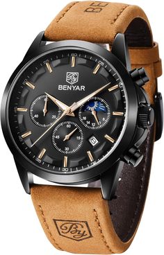 BENYAR Men's Quartz Watch Waterproof Stainless Steel Dial Black Men Wrist Watch ENJOY THE FEATURES     Band width 22 millimeters Bezel material Stainless Steel Water resistant depth 30 Meters Movement Quartz Item Shape Round Dial window material type Synthetic Sapphire Band Material Leather Dial color Black Band size Men's Standard Special features Chronograph Package Dimensions 5.71 x 2.83 x 1.54 inches; 3.53 ounces Clasp Buckle Case material Stainless Steel Case Thickness 10 millimeters Band Color Brown Case diameter 40 millimeters Display Type Analog Color Black-a Batteries 1 LR44 batteries required. (included) Calendar Date Manufacturer BY BENYAR Bezel function 12 Hour Time Display 2.83 inches x 5.71 inches x 1.54 inches. Weight: 3.53 oz PAYMENT We accept all payments via Ebay using Cr Tactical Watch, Mens Dress Watches, Fashion Business Casual, Military Watches, Watch For Men, Watches Unique, Stylish Watches, Brown Leather Strap, Men's Watches