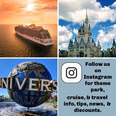 four pictures with the words, follow us on instagram for theme park, cruise & travel info, news, and discounts