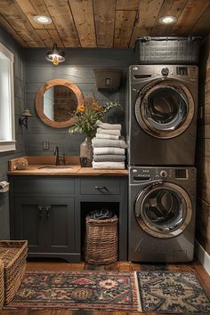 a washer and dryer in a small room