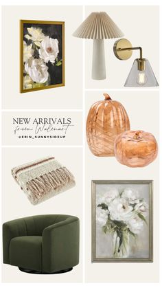 an assortment of furniture and decor items with the words new arrivals on them