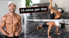 a man is doing exercises on the floor in front of a couch with his shirt off