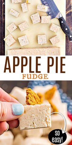 an apple pie fudge is being held up by a hand