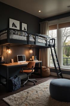 a loft bed with a desk underneath it and a ladder to the top, in front of a window