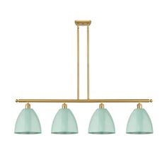 three light brass chandelier with green glass shades