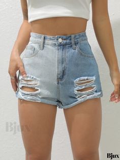 Bjux - Womens High Waisted Denim Shorts with Colorblock Design and Distressed Details, Featuring Slash Pockets - Stylish Denim Jeans and Fashionable Clothing Trendy Color Block Bottoms For Summer, Trendy Summer Color Block Bottoms, Trendy Two-tone Denim Bottoms, Trendy Ripped Faded Bottoms, Trendy Patchwork Cutoff Bottoms, Trendy Faded Ripped Bottoms, Trendy Faded Jean Shorts, Summer Patchwork Cutoff Jeans, Trendy Color Block Short Bottoms