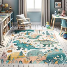 a child's room with blue walls and wooden flooring, including a rug that has dinosaurs on it