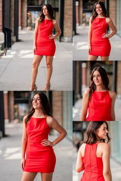 A model in a simple fitted cocktail dress comes in a fun red color and would be perfect for homecoming or sweethearts. Fitted Cocktail Dress, Hoco Dress, High Neckline, Dream Dress, Scarlet, Red Color, Your Dream, Homecoming, Cocktail Dress