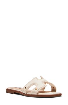 Exude breezy style in this easy-wear slide sandal fashioned with a square open toe, studded faux-leather strap and flat sole. Synthetic upper and lining/rubber sole Imported Breezy Style, Sandal Fashion, Ivory White, Easy Wear, Flat Sandals, Slide Sandals, Women's Shoes Sandals, Nordstrom Rack, Open Toe