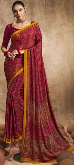 Pink and Majenta color Saree in Crepe Silk, Silk fabric with Printed work Long Choli Lehenga, Dusty Orange, Angrakha Style, Saree Sale, Crepe Saree, Casual Saree, Printed Saree, Wear Saree, Colored Highlights