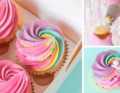 the cupcakes are decorated with pink, yellow and blue icing