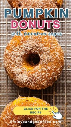 the front cover of pumpkin donuts with cinnamon sugar on top and an image of two doughnuts behind it