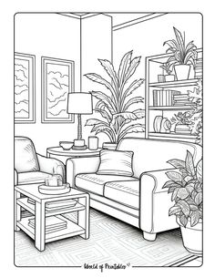 a black and white drawing of a living room with couches, coffee table and potted plants