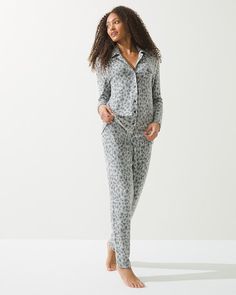 A classic pajama style goes cozy in this snuggly sleep set. The button-front top with long sleeves and notch collar is complemented by the matching pants with pockets. it's soft style you'll want to wear day and night. Comfortable style with Soma Intimates. Details Notch collar. Long sleeves. Button front. Chest pocket. Top: approximately 27" from shoulder. Pants: approximately 27" inseam. 80% rayon, 17% polyester, 3% spandex. Machine wash. Imported. Relaxed Fit Sleepwear With Button Closure For Pajama Party, Casual Button-up Sleepwear For Lounging, Casual Sleepwear With Button Closure For Lounging, Casual Long Sleeve Sleepwear With Button Closure, Fall Sleepwear Long Pants, Fall Season Long Pants Sleepwear, Pajama Style, Classic Pajamas, Night Tops