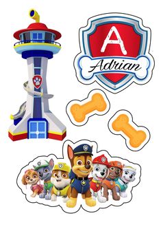 paw patrol party cutouts are shown in the shape of a lighthouse, dog tower, and bones