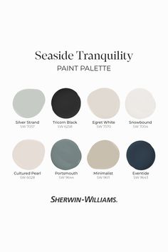 the paint palette for seaside tranquility is shown in shades of gray, white and black