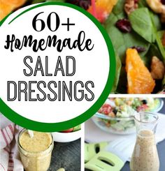 some salad dressings are shown in this collage