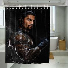 a shower curtain with the image of a man in armor