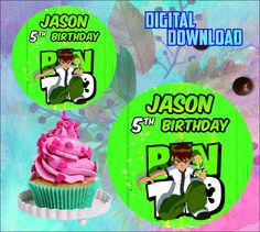 the birthday cupcakes are decorated with green and pink frosting, including one for jackson