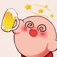 a cartoon pig holding a beer in its hand and looking at the camera with stars around it