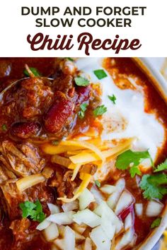 a bowl filled with chili and cheese next to tortilla chips on the side