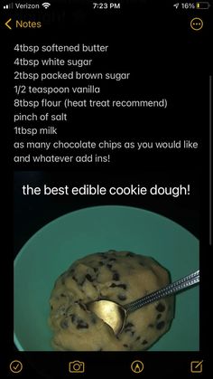 a cookie dough on a blue plate with a spoon in it and the recipe below