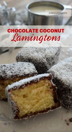 chocolate coconut lamingtons on a plate with powdered sugar and coffee in the background