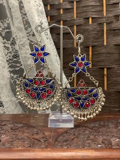 Afgani oxi chandbali earring in multi, about 4.5 inch long. Afgani Jewelry, Polki Necklace, Chandbali Earrings, Kundan Earrings, Head Accessories, Anklet Jewelry, Stunning Earrings, Body Jewellery, Gorgeous Earrings