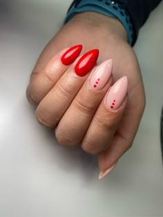 Red nails nail inspo Red Almond Shape Nails Designs, Almond Shape Red Nails Designs, Red And White Nail Designs Simple, Red Nails With Simple Design, Red Minimalist Nail Art, Red Nails With Dots, Red Design Nails Almond, Red Almond Nails With Design, Almond Nails With Dots