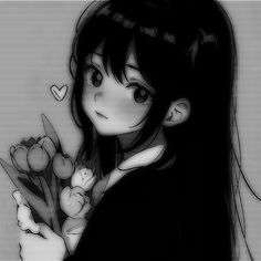 a black and white drawing of a girl with flowers in her hand, looking at the camera