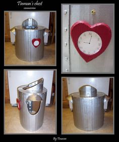 four different pictures of a heart shaped clock in a trash can with the door open