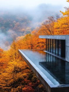 an image of a house in the middle of trees with fall colors on it's sides