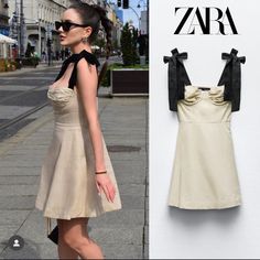 Runs True To Size V-Neck Dress With Wide Straps And Bows. Flared Legs. Side Hidden In-Seam Zip Closure. Light Beige Ruffle Mini Dress, Zara Dresses, Wide Straps, V Neck Dress, Light Beige, Zara, Colorful Dresses, V Neck, Mini Dress