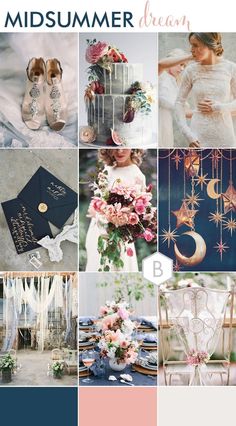 a collage of different pictures with flowers and other things in the background, including an image of a bride's wedding dress