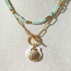 Lovely Non-Tarnish Gold Necklace With Shell Pendant - Both In Gold And Backed By Mother Of Pearl Shell In White. Paperclip Chain Has Unique Texture 18k Gold Pvd On Stainless Steel = Non-Tarnish, Waterproof, Sweatproof! Necklace Measures 17" Total Necklace Is Stunning Stacked With A Beaded Necklace - Bundle And Save! Ocean Inspired Jewelry, Mermaid Inspired, Toggle Necklace, Shell Jewelry, Pearl Shell, Shell Pendant, Ocean Inspiration, Pretty Colours, Paper Clip